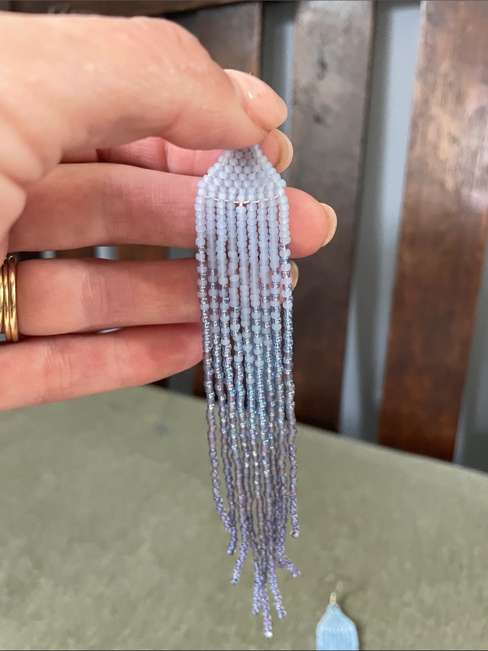 Handmade Ombre Blue Beaded Fringe Earrings - Picture 3 of 3